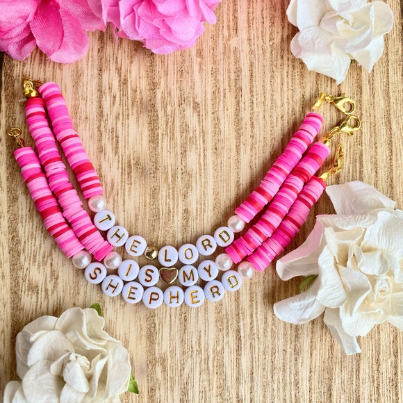 Handmade Pink Hot Pearl Christian The Lord is my Sphered Beaded Faith Bracelets, - Picture 4 of 4